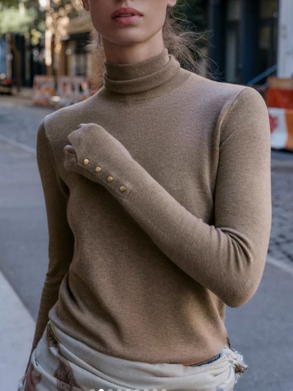 Zara Taupe Turtleneck Sweater with Gold Cuff Buttons